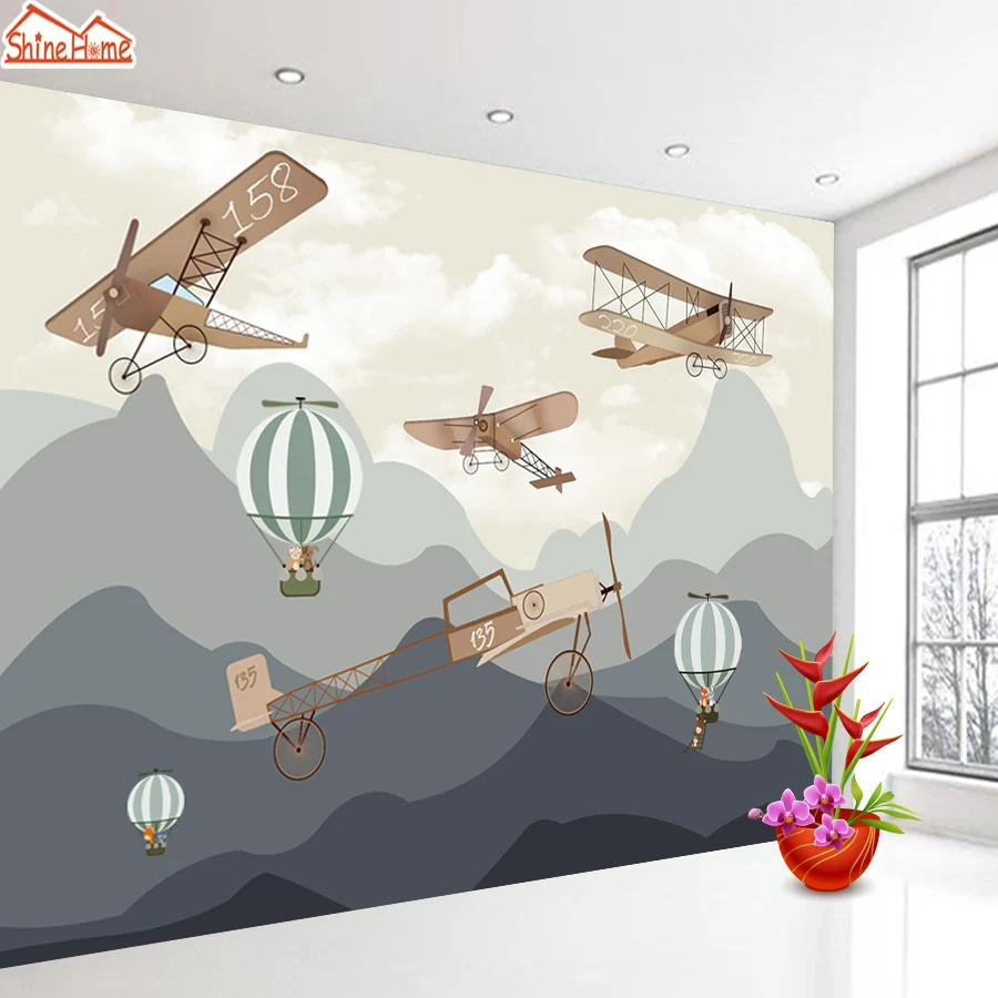 Modern Self Adhesive Accept Cartoon kids Wallpapers for Living Room Contact Wall Papers Home Decor Plane Balloon Mountain Murals