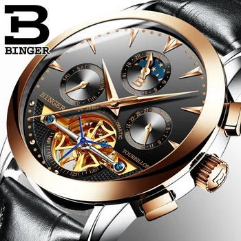 

BINGER Men's Watch Top Luxury Brand Automatic Mechanical Watch Men's Calendar weekLeather Waterproof Watch Relogio Mascurino