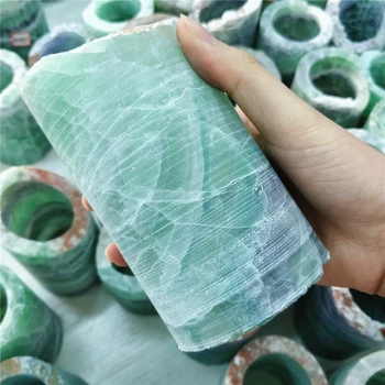 

Natural Green Fluorite Carved Penholder Original Stone Cutting Not Polished Tubular Penrack For Office Stationery Decoration
