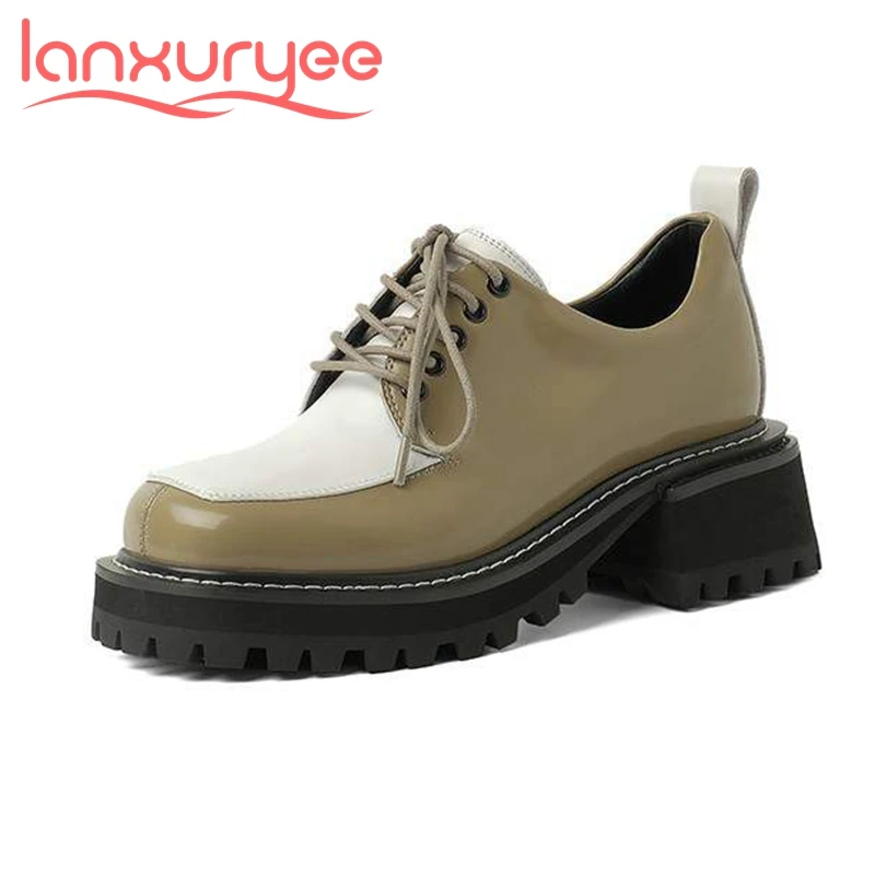 

Lanxuryee energy loafers shoes cow split leather thick bottom med heels young lady mixed colors round toe preppy women pumps l14