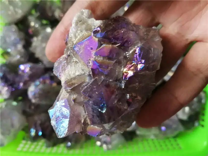 

Оптовая продажа, 500 г, натуральный кластер ангела ауры с большим кристаллом, гальваническое покрытие, кварцевый кластер с титановым покрытием, лечебный камень