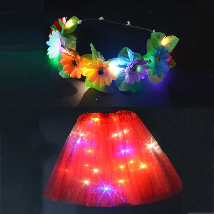 Светодиодный светящийся костюм с юбкой-пачкой и венком для девочек; праздничный костюм для дня рождения для детей; нарядное платье феи с цветами; рождественское платье; navidad - Цвет: red