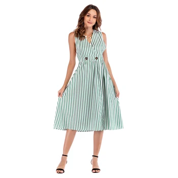 

Blue Striped Dress Women Summer Dress Woman Sleeveless V-neck Green Ladies Dresses Girl Fashion Clothes Female 2020 Sundress OL