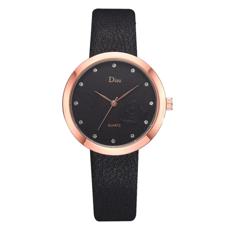 Новые модные женские часы с кожаным ремешком и бриллиантами, простые креативные повседневные женские часы с маленьким циферблатом и цветочным узором, reloj mujer - Цвет: Black