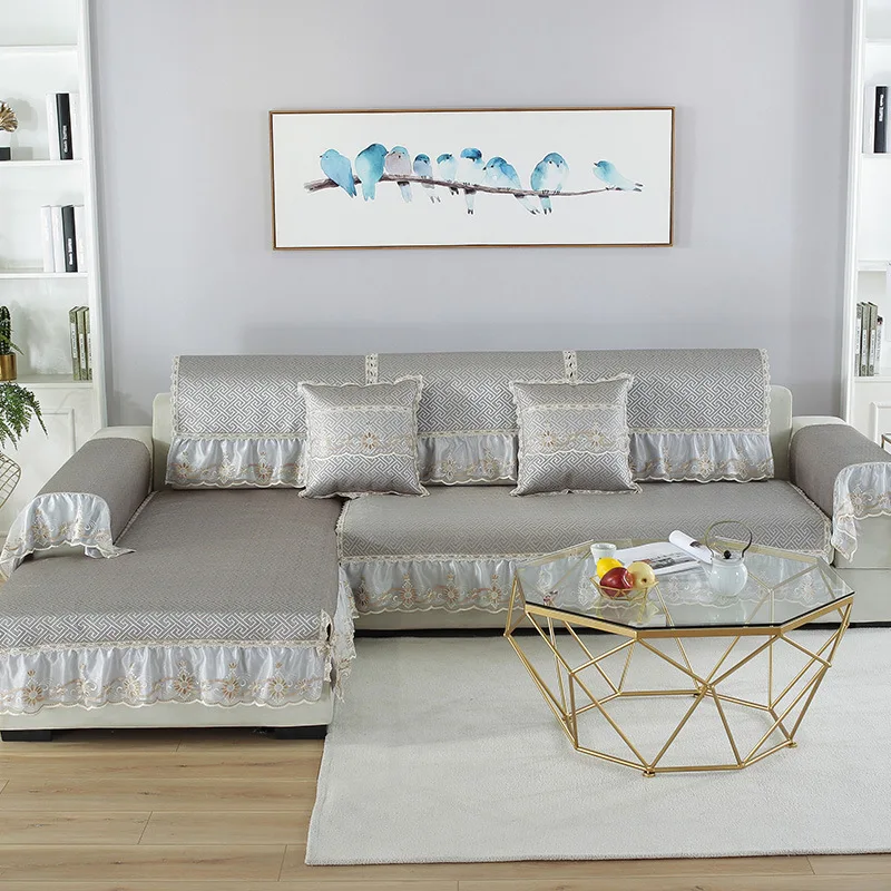 

New Products Summer Ice Rattan Summer Sleeping Mat Sofa Cushion Minimalist Modern Lace Hem Sofa Cover Cover Towel Anti-slip