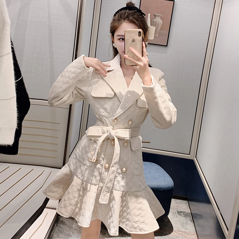 

Autumn Winter Wool Cotton-padded Blazer Dress Women Double-Breasted Notched Warm Pearls Button Mini Ruffles Dress With Belt