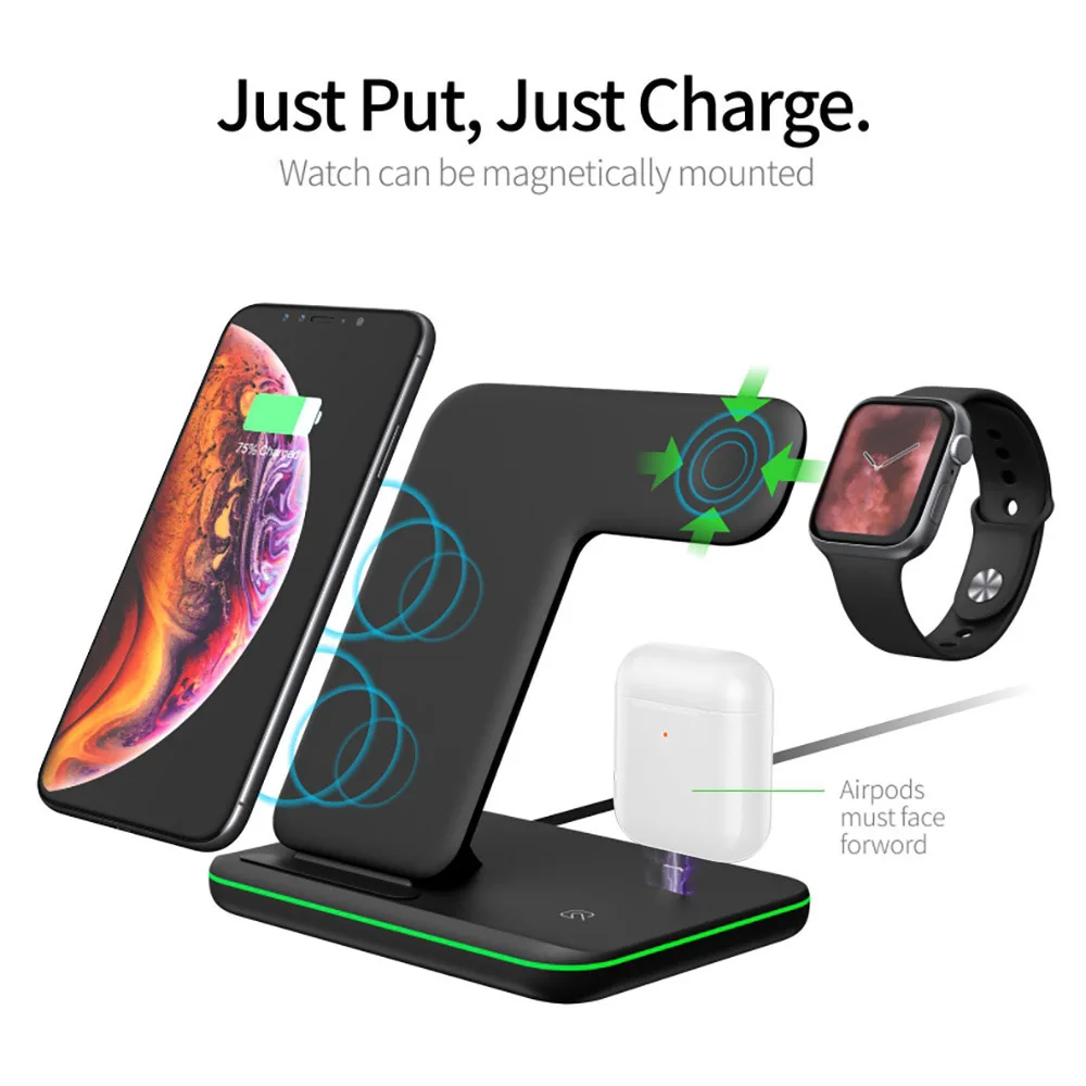 15W Fast Qi Wireless Charger Stand For iPhone 12 11 XS XR X 8 3 in 1 Charging Dock Station for Apple Watch 6 5 4 3 2 Airpods Pro 2