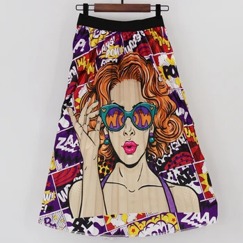 

2019 New Arrival Cartoon Human Head Pleated Skirts Fashion A Line Long Skirt High Waist Colorful Holiday High Street Women Skirt