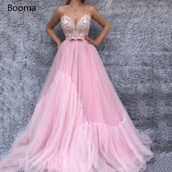 

Booma Sexy V-Neck Pink Prom Dresses Spaghetti Straps Lace Appliques A-Line Prom Gowns Bowtie Belt Tulle Wedding Party Dresses