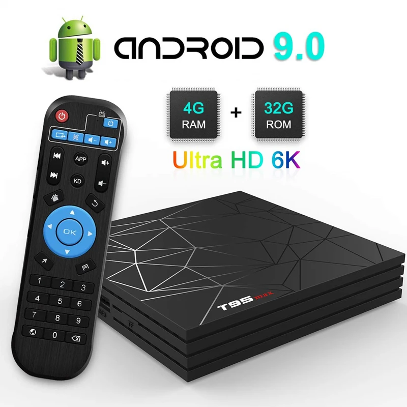 T95 MAX Smart tv Box Android 9,0 6K Ultra HD четырехъядерный Cortex-A53 4 Гб+ 32 ГБ 2,4 ГГц Wifi Поддержка Google плеер Ip tv Smart tv