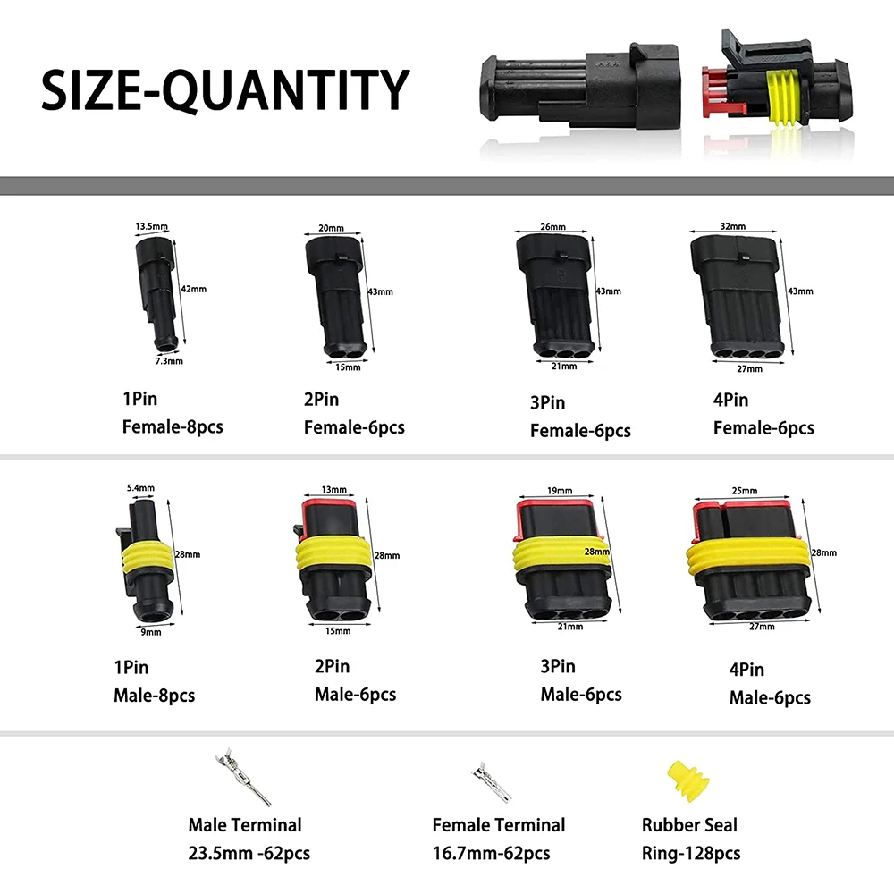 Waterproof Electrical Wire Connectors - 26 Sets, 2/3/4 Pin, 352/708pcs Terminal Connectors, 12A Description Image.This Product Can Be Found With The Tag Names 2 pin 12 electric connectors, Electrical connectors 2 pins, Waterproof connector terminal, Waterproof wire connector 4pin