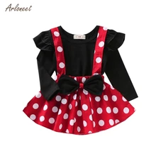 ARLONEET; Рождественский наряд для девочек; футболка с оборками; топы+ юбки на подтяжках в горошек; Эксклюзивная Одежда для маленьких девочек; зимняя одежда