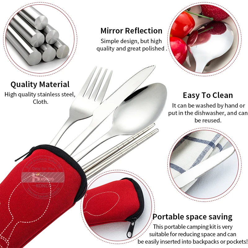 Stainless Steel Bento Box Cutlery set Portable Lunch Dinnerware Kit Knife Fork Spoon Chopsticks Travel Picnic Cutlery