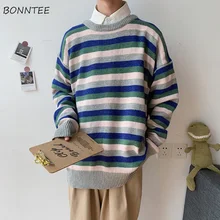 Мужской вязаный свитер размера плюс, осенняя Новинка, модная Корейская уличная одежда, мужские свитера в полоску, универсальные пуловеры, Harajuku, Повседневный шик