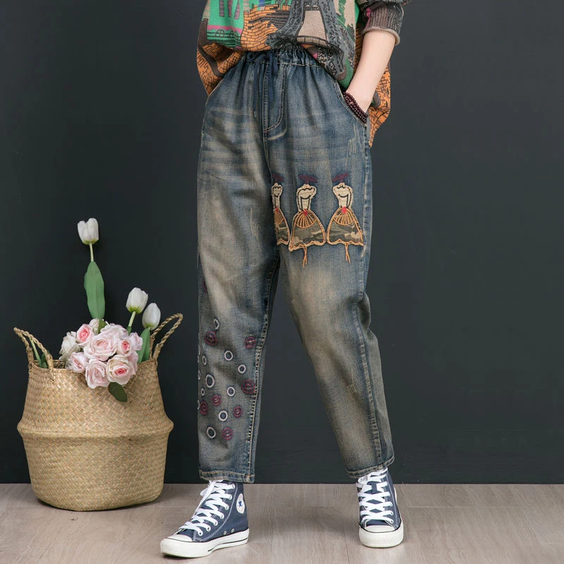 Осенне-зимние женские хлопковые джинсовые брюки с эластичной резинкой на талии ретро Лоскутные вышитые джинсы плюс размер женские брюки высокого качества D555