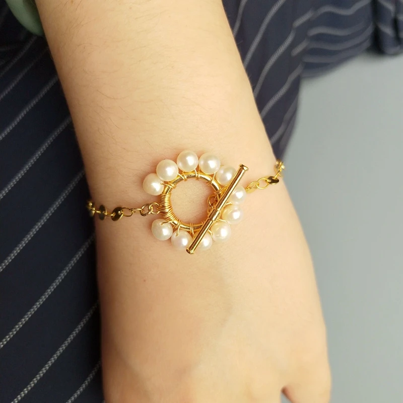 

Lii Ji Freshwater Pearl 925 Sterling Silver Gold Plated OT Clasp with Copper Chain Bracelet Fashion Jewelry