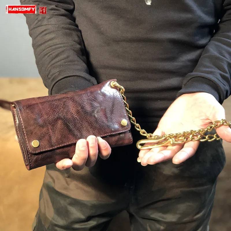 Длинный кошелек из натуральной кожи мужской медная цепь разборка средней и