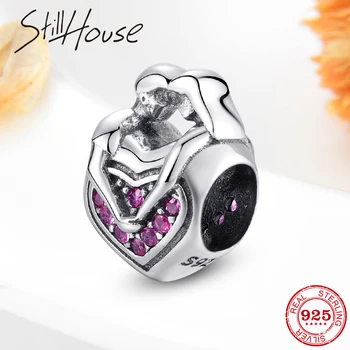 

100% 925 Sterling Silver Pink CZ forever love heart Shape Beads DIY Gift Fit European Women Bracelet Bangle Jewelry making