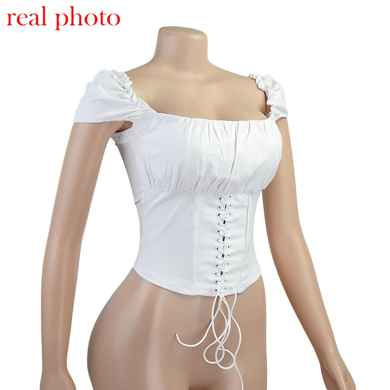 Cryptographic Off Shoulder Fashion Lace Up Shirts Blouse Blouse Women White Crop Tops Blouses Clothes Vintage Tie Front Tops