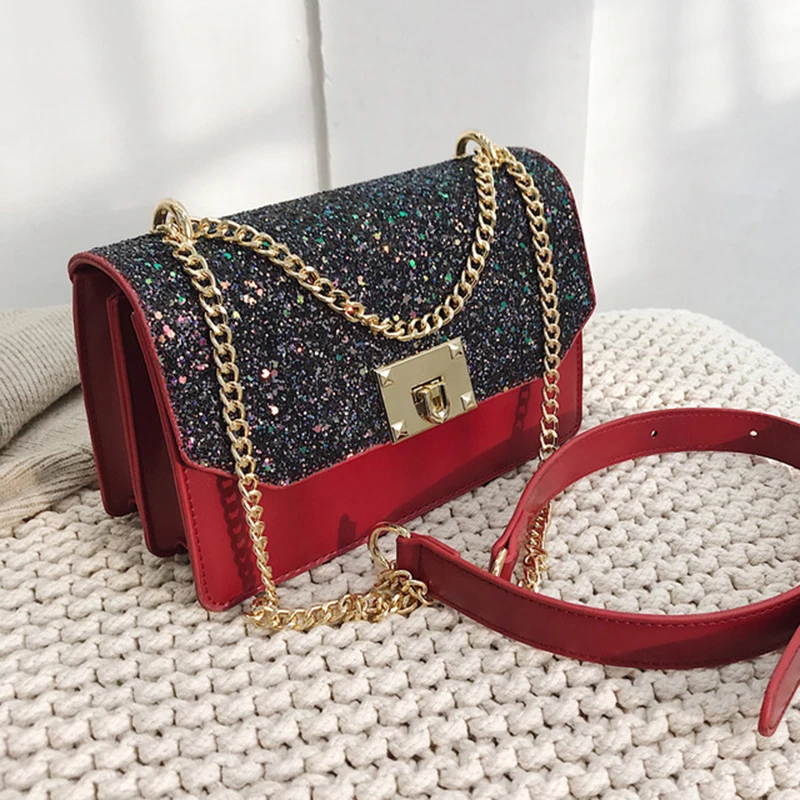 

LITHHING Small Clear Designer Woman 2019 New Fashion Messenger Bag Chains Shoulder Bag Velvet Rivets Square PU Handbag