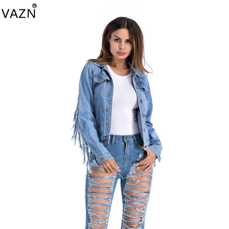 

VAZN 2019 new spring women stylish hot style lapel single-breasted pocket trim fringed long-sleeved blue denim coat CJ6368