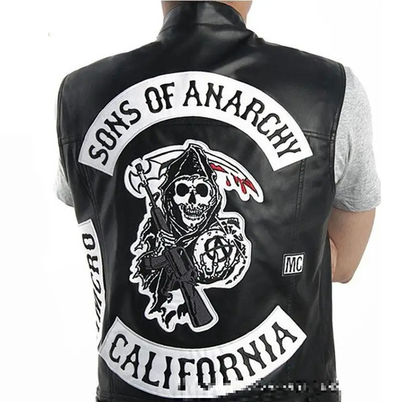 

Black Color Motorcycle Sleeveless Jacket New Fashion Sons Of Anarchy Embroidery Leather Rock Punk Vest Cosplay Costume