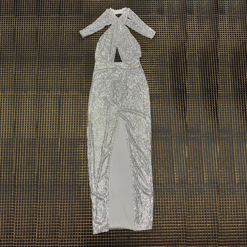 Silver Модное серебряное платье с блестками сексуальное открытое Макси платье женское вечернее платье с открытыми плечами vestidos - Цвет: Silver