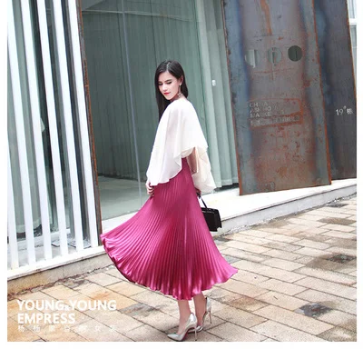 light purple(long 80 Летняя модная винтажная Серебристая золотая металлическая однотонная Расклешенная юбка макси с высокой талией, пляжные длинные плиссированные юбки для женщин - Цвет: light purple(long 80