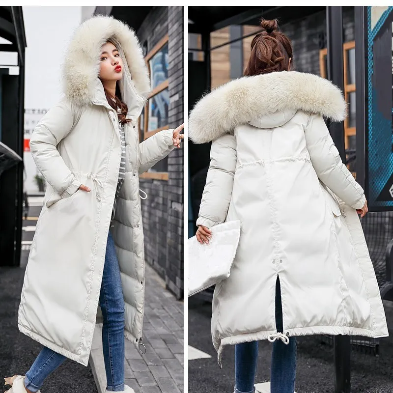 Tide Vogue модная женская Повседневная Длинная зимняя куртка высокого качества с меховым капюшоном теплая верхняя одежда однотонная приталенная куртка с карманами