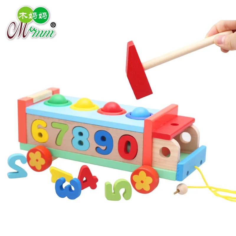 

Children'S Educational Early Childhood Luggage Trolley Trailer Toy Wooden Shape Matching with Numbers Cognitive Knock Golf Cart