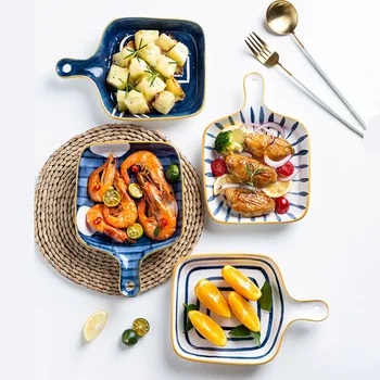 

MDZF SWEETHOME Ceramic Glaze Baking Pan With Handle Blue Series Dinnerware Salad Plate High Temperature Non-Slip Baking Tray