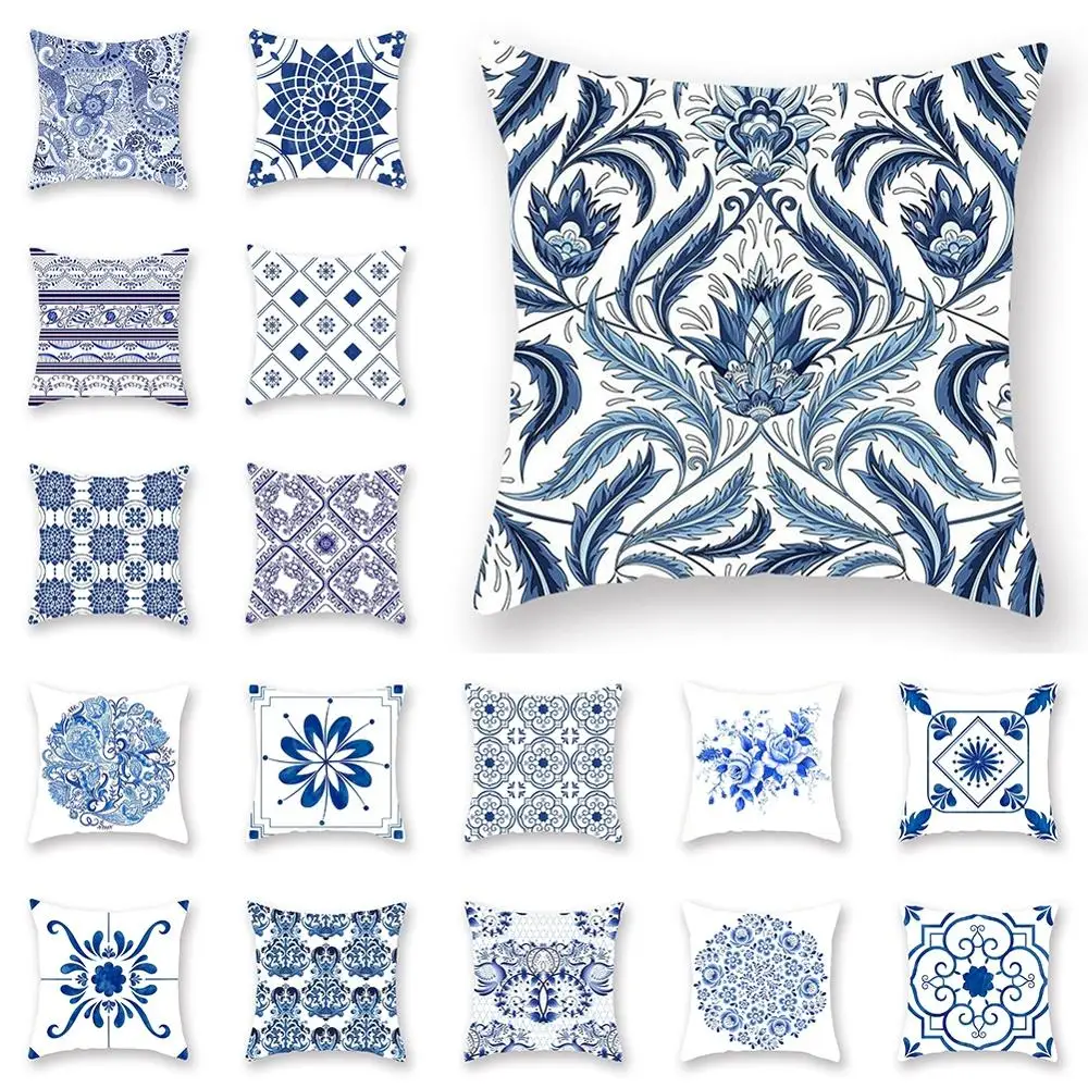 

New Chinese Embroidery Style Pillowcase Blue Geometric Pattern Multiple Types Choose Car Sofa Cushion Cover Home Decor Accessori