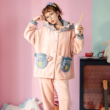 

Flannel Pyjamas Women Sleepwear Winter Pajamas Fashion Home Wear Hooded Nightgown Suit Upset to Keep Warm Plus Size