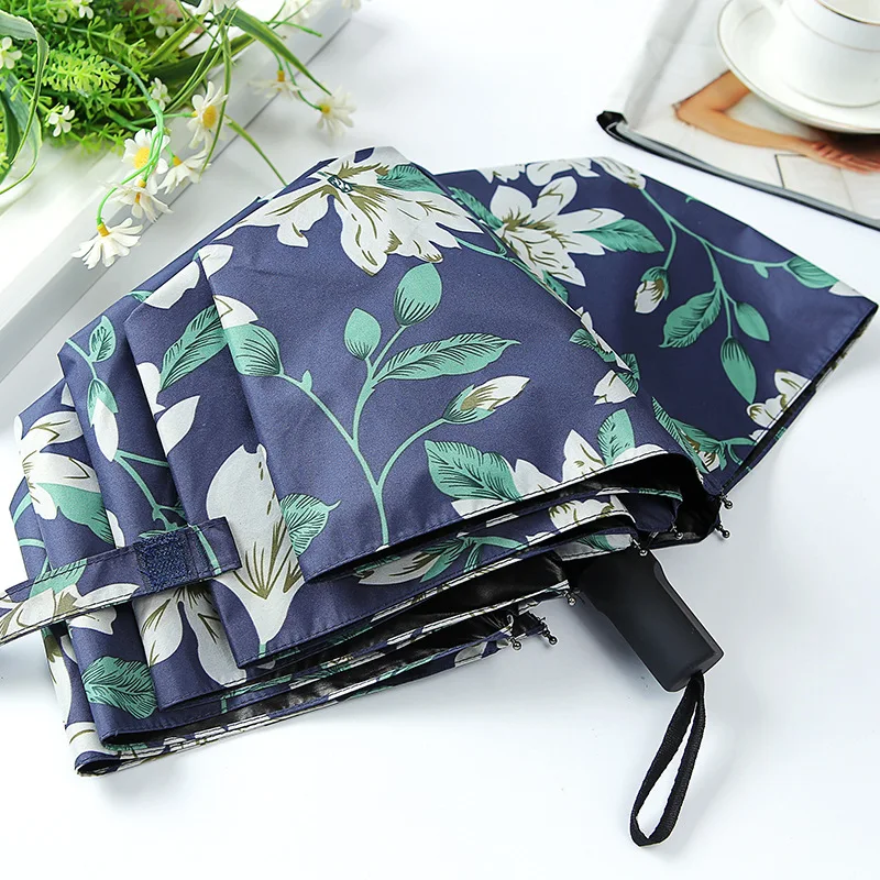 

Women Student Lily Leaves Sunny Umbrella Dual Use 3 Folding Black Glue Parasol Sunscreen Sun Umbrella Gift