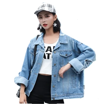 

Yocalor 2019 Vintage Letter Print Frayed Jean Jacket Women Long Sleeve Ripped Hole Denim Coat Female Spring Causal Bomber Jacket