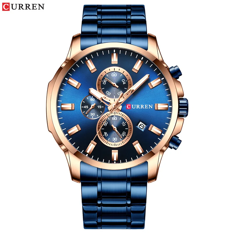 blue watch Curren Роскошные, Брендовые спортивные кварцевые часы мужские часы со светящимися стрелками хронограф Автоматическая Дата модные наручные часы из нержавеющей стали - Цвет: blue watch