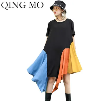 

QING MO Big Size Women Irregular Dress 2020 Women Patchwork Color Dress Female Plus Size Slim Dress Summer ZQY3931