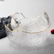 Irregular ouro inlay borda tigela de salada de vidro frutas arroz servindo tigelas recipiente de armazenamento de alimentos almoço bento caixa decoração utensílios de mesa