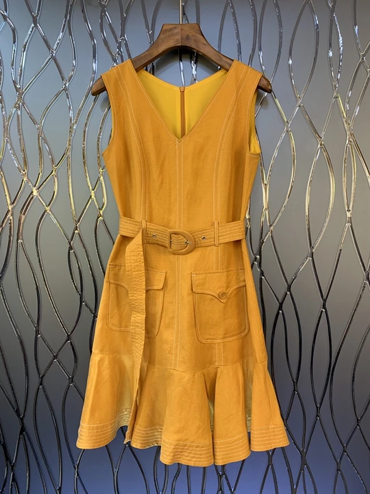 

2019 Early Autumn New Woman V-collar Back Zipper Belt Received Lotus Leaf Pendulum Sleeveless Dress 728