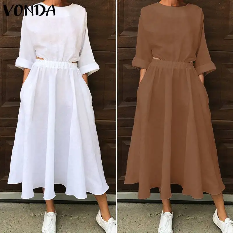 VONDA повседневные свободные платья из хлопка с длинным рукавом, вечерние платья в богемном стиле, пляжный сарафан для беременных, элегантное Пляжное Платье Макси