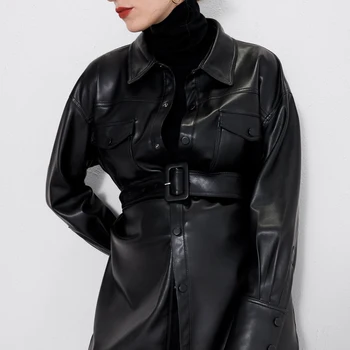 

ZA Street Tide Clothing Temperament Leather Jacket PU Leather Cardigan Long-sleeved Lapel Straight Women's Leather Jacket