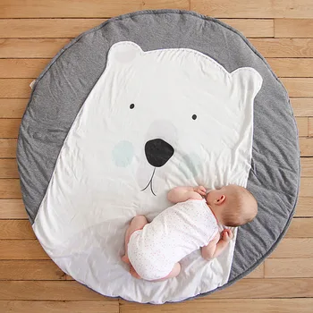 

White Grey Cartoon Animals Bear Fox Panda Round Tapete For Living Room Bedroom Home Decor Carpet Rug Children Kids Soft Play Mat
