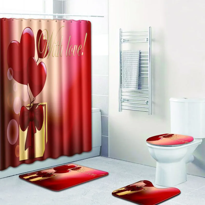 

Love Heart Shower Curtain Bathroom Waterproof Polyester Fabric Bath Screen Anti-slip Toilet Seat Cover Carpet Home Decor Gifts