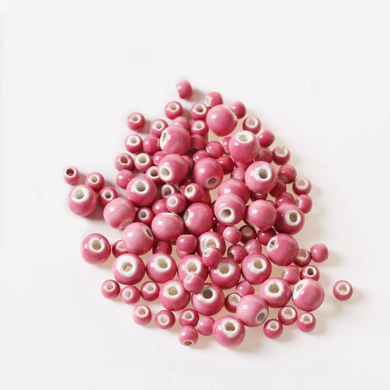 50 Pcs 6mm 8mm 10mm Round Deep Pink Ceramic Beads Diy Handmade
