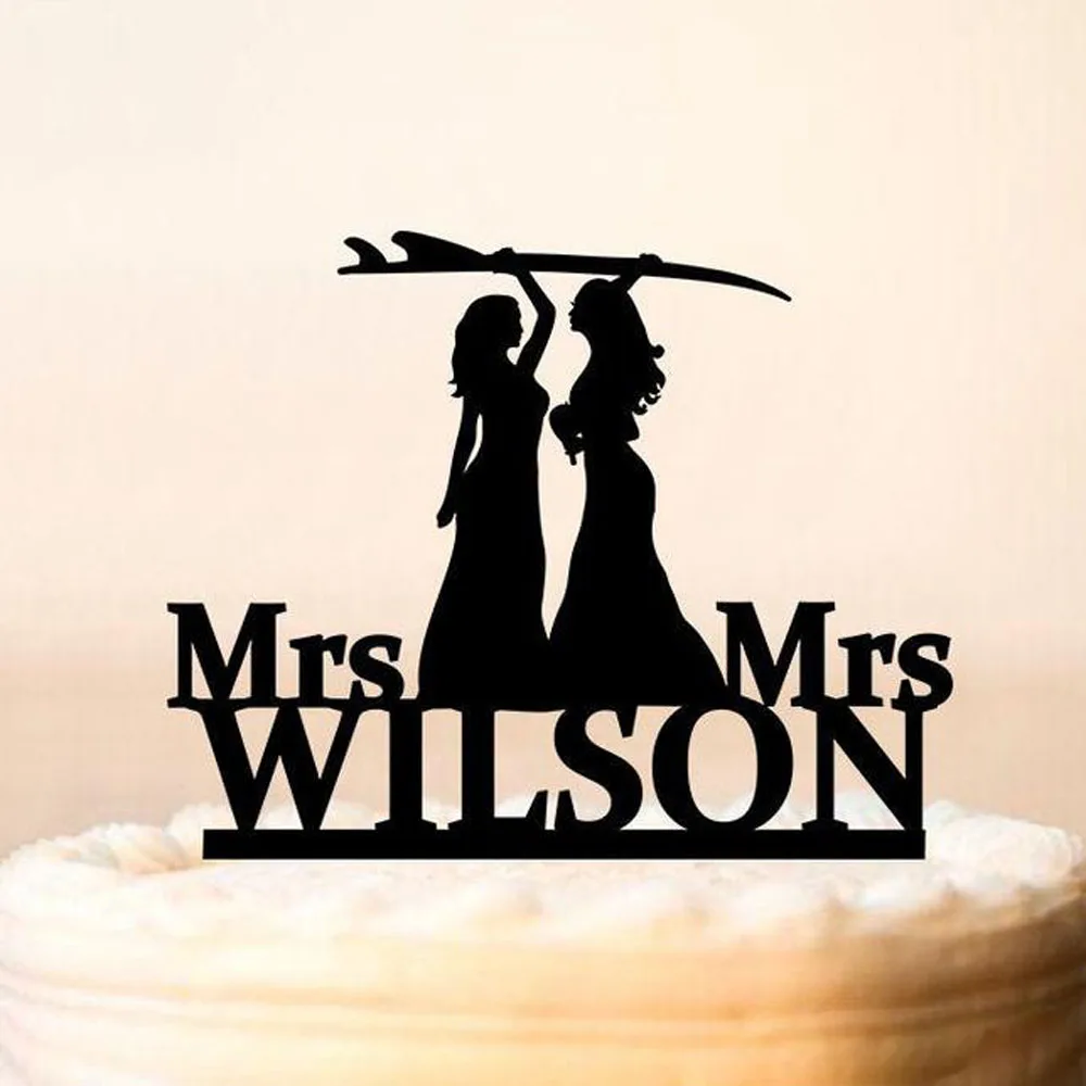 Surf Couple Lesbian wedding cake topper,Mrs and Mrs Lesbian wedding,same sex cake topper,mrs and mrs wedding topper silhouette