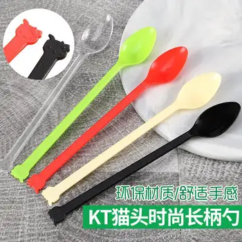 

Disposable Long-Handled Spoon Sub-Thickened Plastic Extension Milk Tea Stir Tableware Creative shao xian cao Spoon Cool