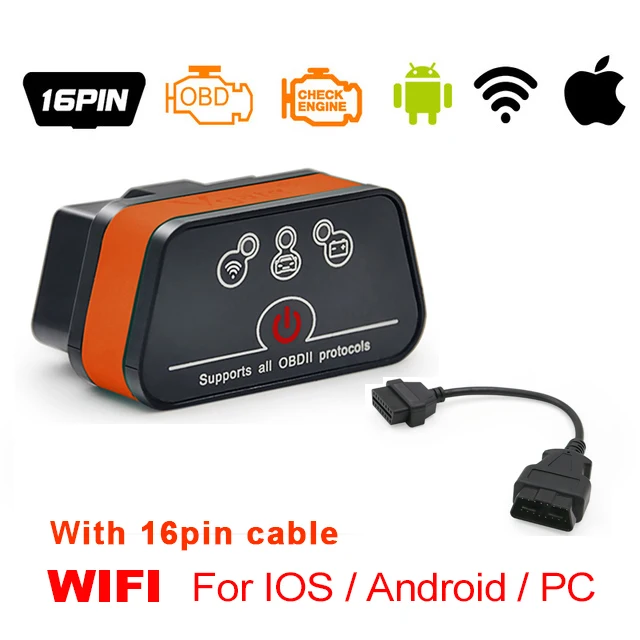 Vgate iCar2 ELM327 obd2 Bluetooth сканер elm 327 Wi-Fi диагностический инструмент для android/PC/IOS считыватель кодов+ 16-контактный удлинитель - Цвет: Orange  wifi cable