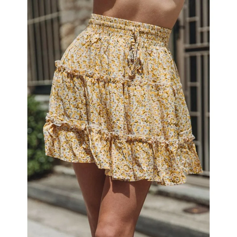 

Ladies Skirt Women Summer Boho High Waist Ruffle Floral Print Beach Short Skirts Evening Party Dress Beach Sundress Floral