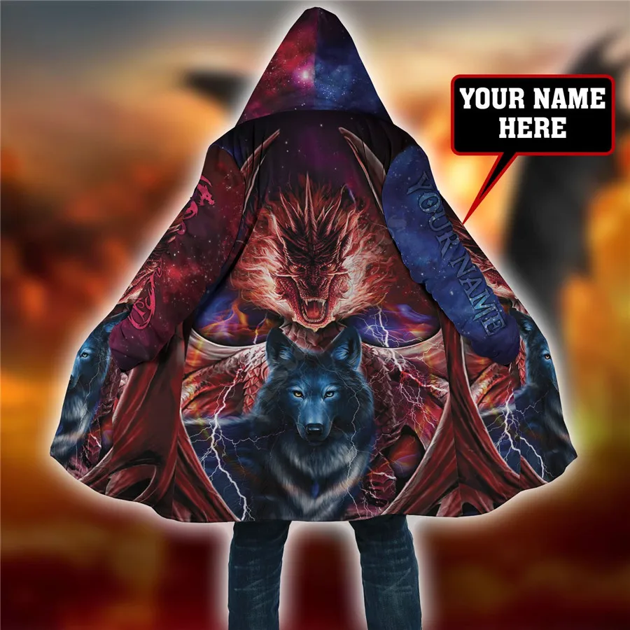 Winter Men For Women Hooded Cloak Custom Name Dragon&Wolf 3D All Over Prined Fleece wind breaker Warm Hood cloak