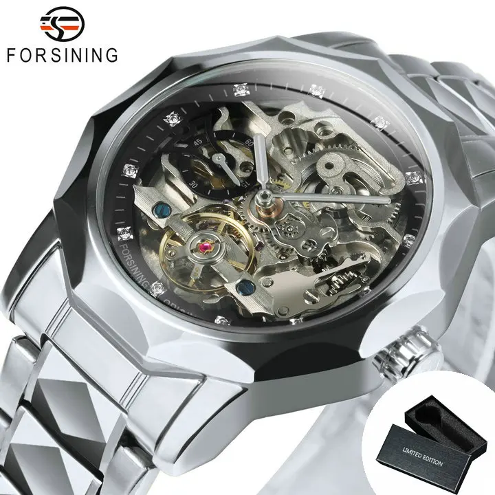 Forsining Fashion Tourbillon Men Watch Automatic Skeleton Watches Luxury Crystal Dial Stainless Steel Strap Waterproof Luminous 